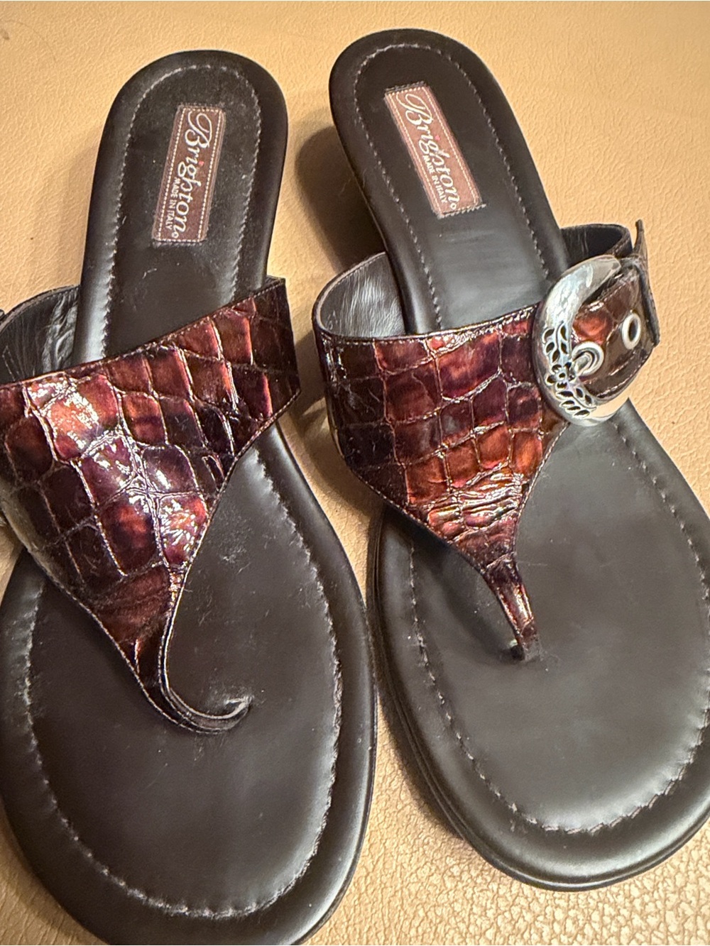 Brighton Croc-Embossed Brown and Black Thong Sandals with Silver Buckle